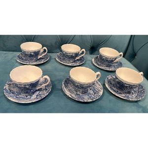 Vintage Alfred Meakin Staffordshire "The Mill" Blue White Cups Saucers Set of 6